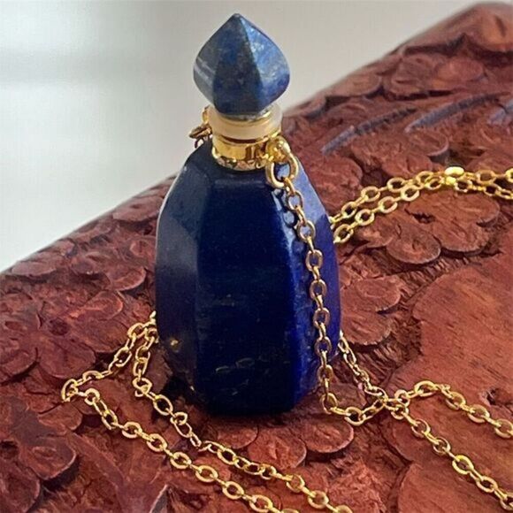 Jewelry - Lapis Lazuli Perfume Bottle Pendant Necklace‎ Gold Chain 20" Blue Stone